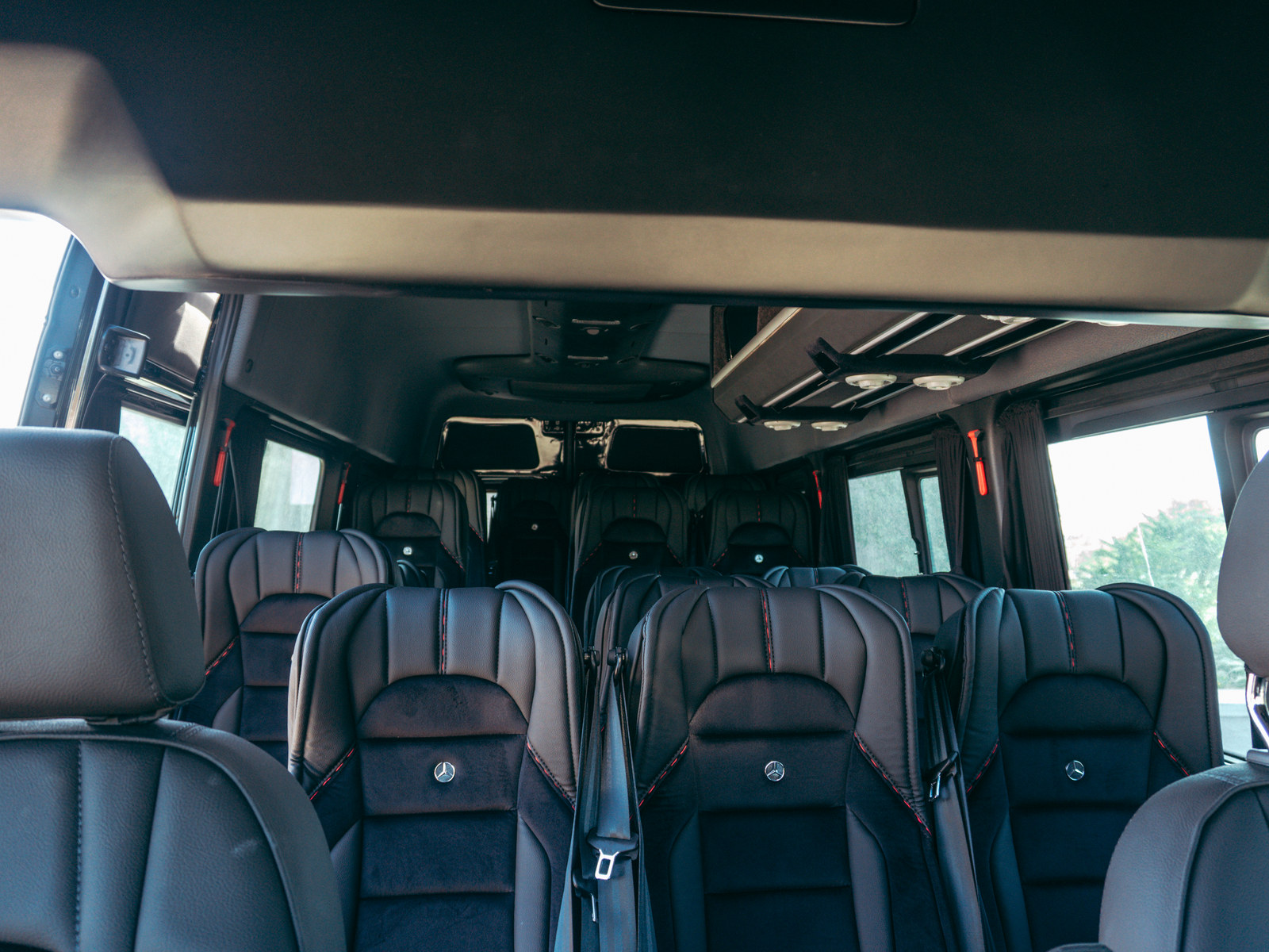 Leather seating inside a Sprinter van